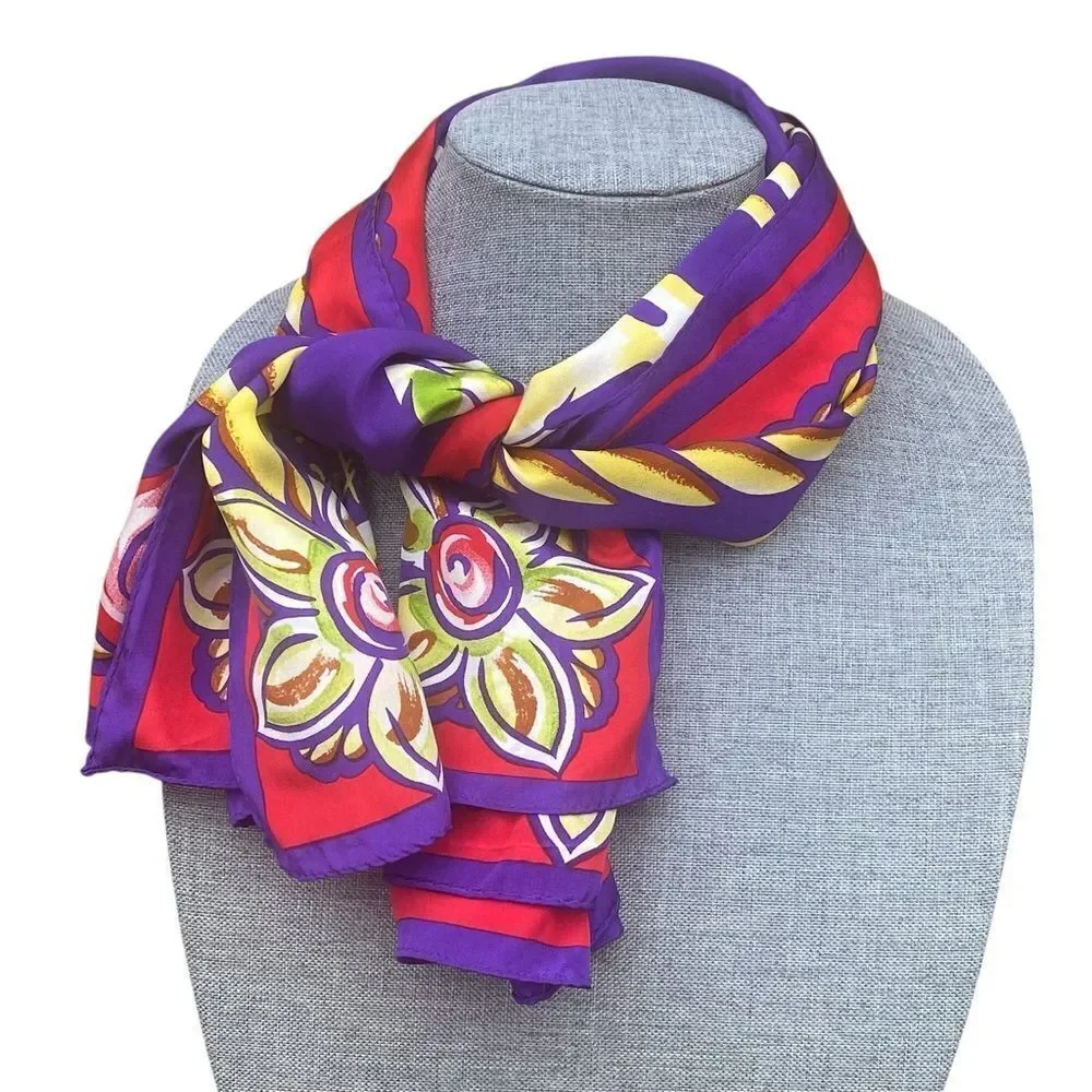 New Bob Mackie Wearable Art Silk Purple, Burgundy & Gold Floral/Bow Scarf/Wrap.